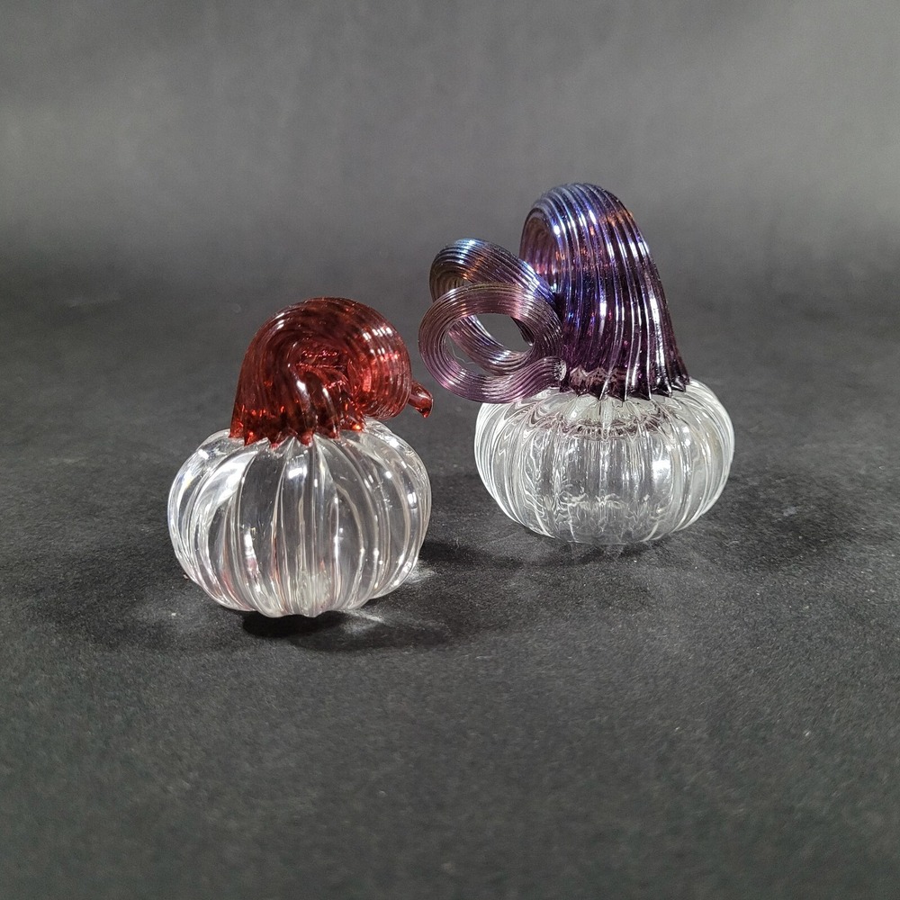 Vintage Hand Blown Art Glass Miniature Pumpkins Lot of 2 Pink and Purple
